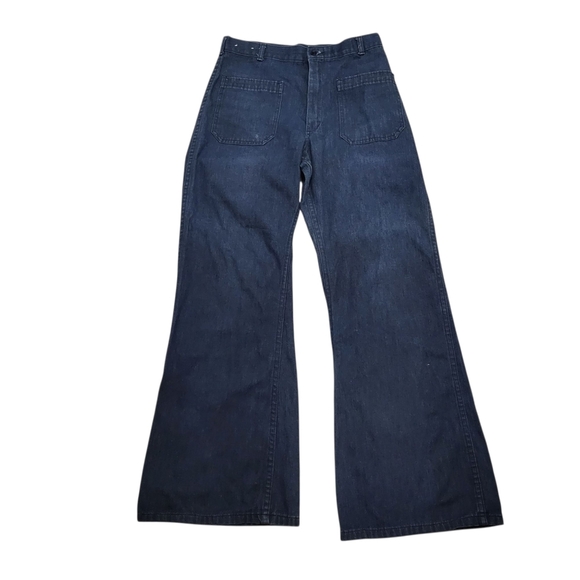 Vintage 80's Sea-Port by Davis Navy 28x29 Denim Blue Flare Wide Leg Jeans - Picture 1 of 12